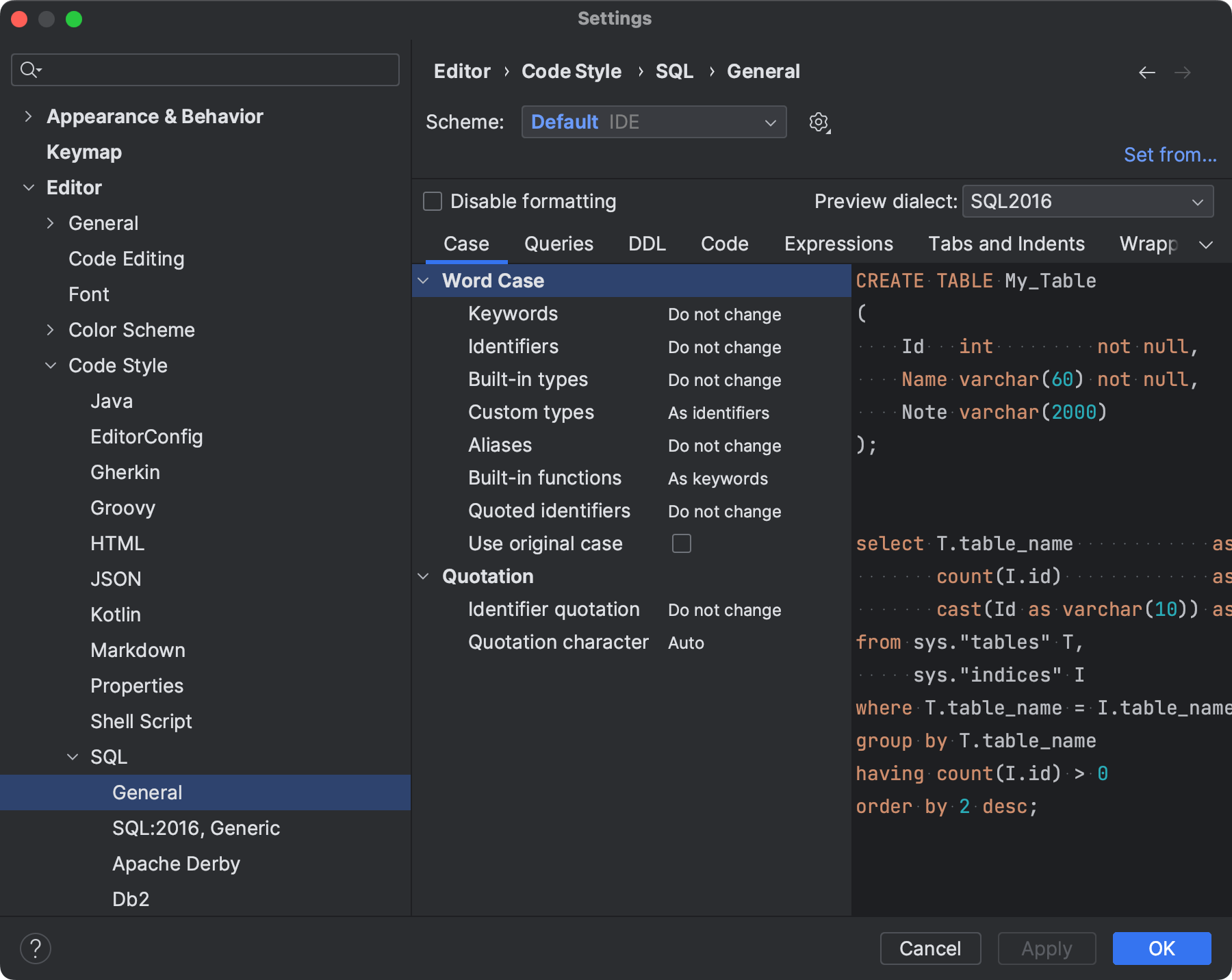 Configure The SQL Code Style JetBrains Rider Documentation