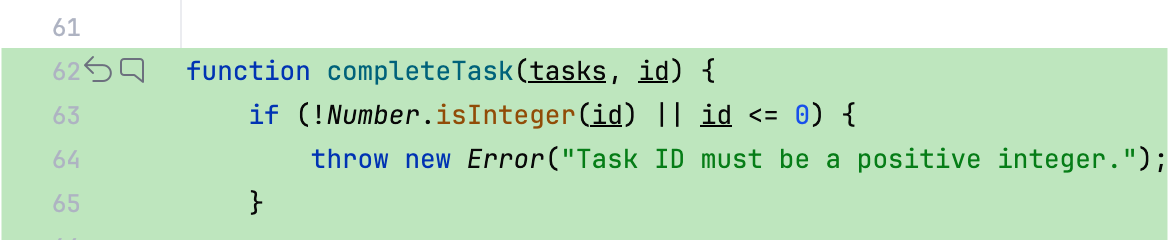 Diff with added lines highlighted in green and the chat icon in the gutter next to line 62 for adding a note to that line. Diff with added lines highlighted in green and the chat icon in the gutter next to line 62 for adding a note to that line.