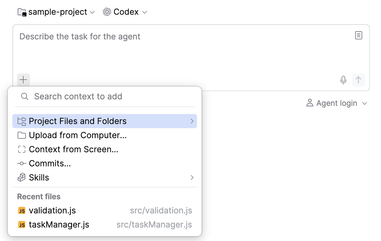 Add-context menu open in the prompt field, listing options to attach project files, screen context, commits, and skills to the request. Add-context menu open in the prompt field, listing options to attach project files, screen context, commits, and skills to the request.