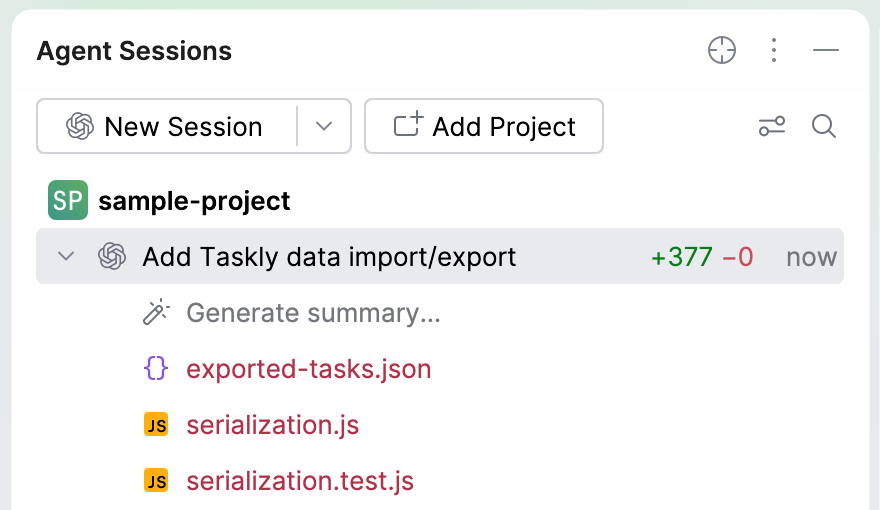 Agent Sessions tool window with the Add Project button in the toolbar and sessions now grouped under a project name heading.