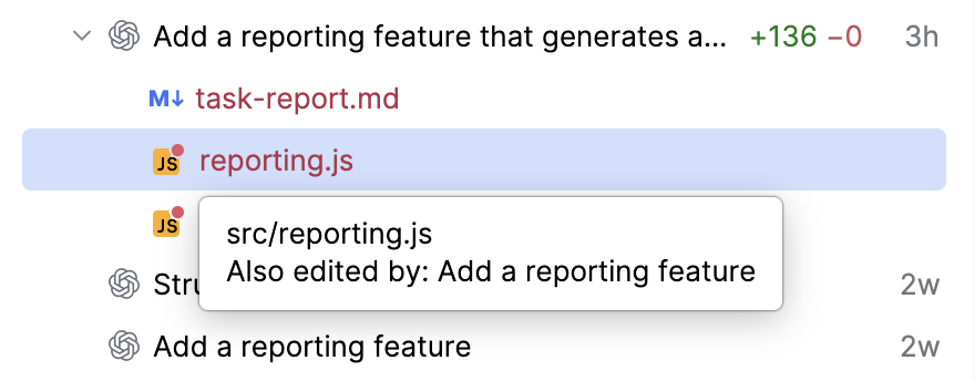 Changed file marked with a red dot, showing a tooltip with the file path and the name of the other session that edited it.