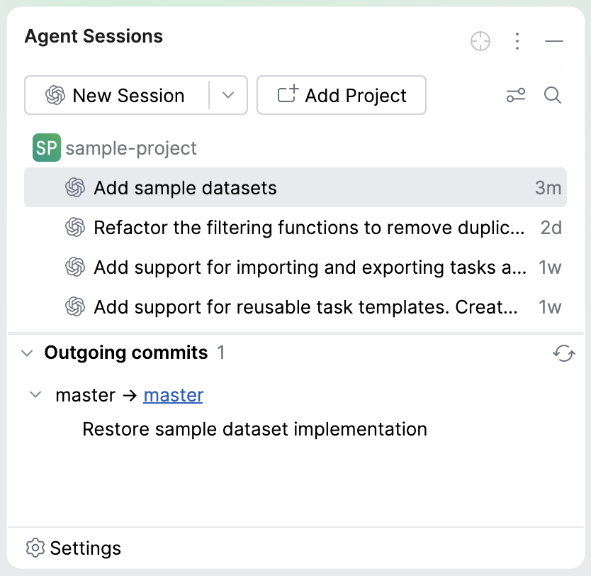 Outgoing commits panel at the bottom of the tool window listing one commit waiting to be pushed to the branch.