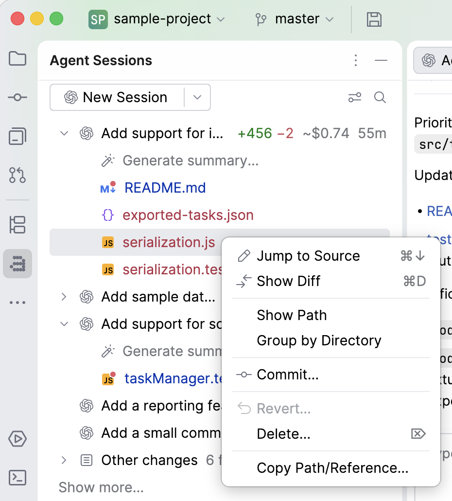 Agent Sessions tool window listing changed files, with a right-click menu open showing Show Diff, Review with AI, and Commit options for a file. Agent Sessions tool window listing changed files, with a right-click menu open showing Show Diff, Review with AI, and Commit options for a file.
