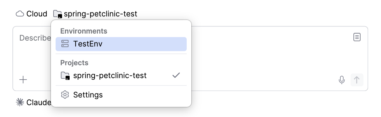 Selector in cloud mode with an environment chosen under Environments, listing the projects below it and the Settings item at the bottom.