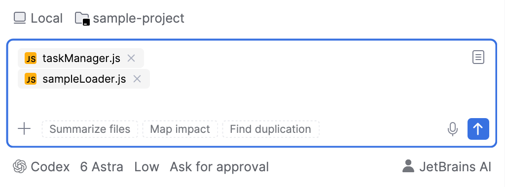 Request field with two project files attached as context and the Summarize files, Map impact, and Find duplication suggestions above them. Request field with two project files attached as context and the Summarize files, Map impact, and Find duplication suggestions above them.
