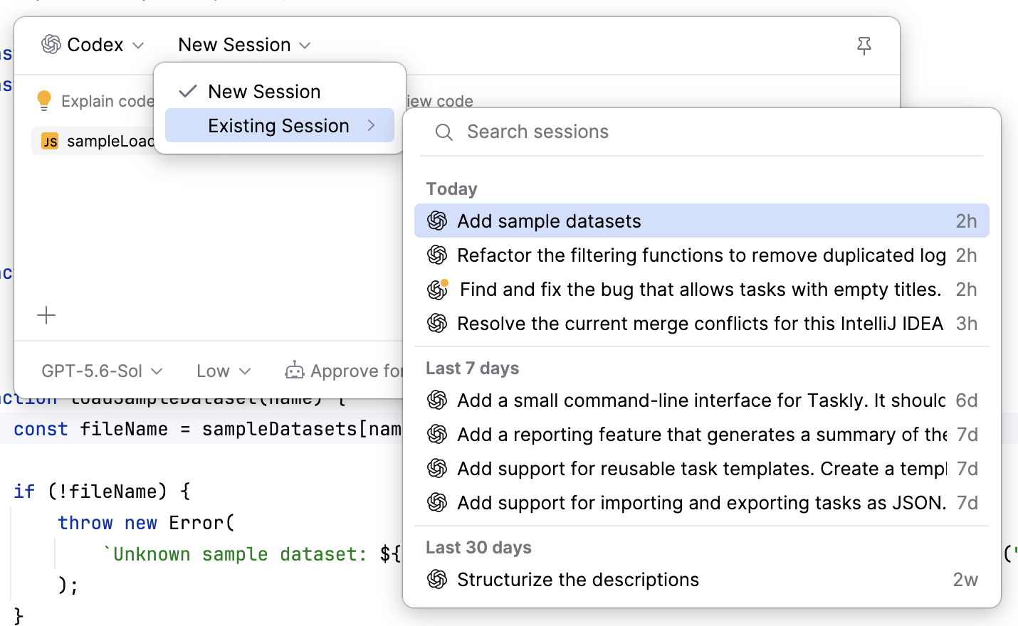 New Session menu with Existing Session expanded, showing a Search sessions list of recent sessions grouped under Last 7 days for selection.