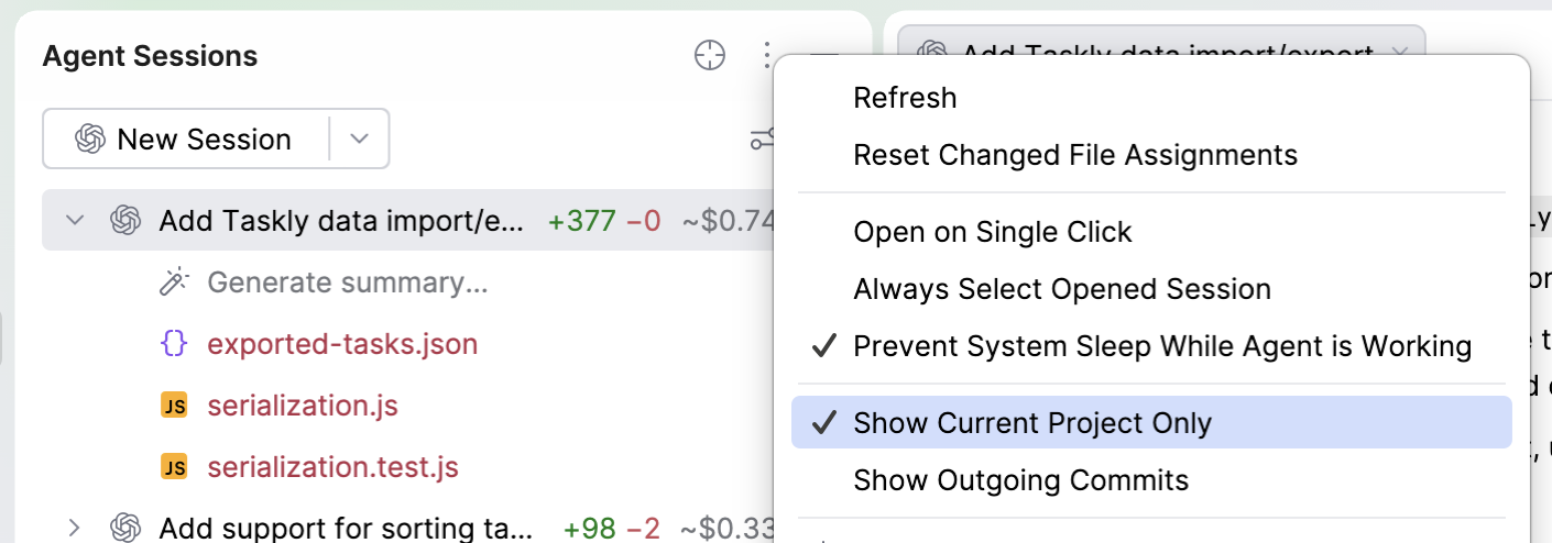 Agent Sessions Options menu with the Show Current Project Only option enabled; disabling it adds the Add Project toolbar button.
