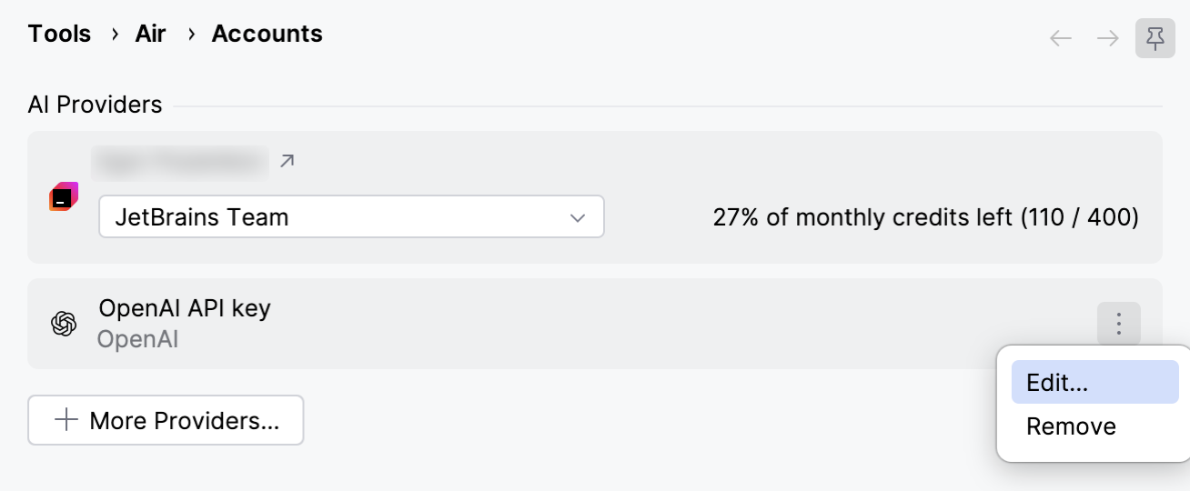 Accounts settings with the menu open on the OpenAI API key entry, offering the Edit and Remove provider actions. Accounts settings with the menu open on the OpenAI API key entry, offering the Edit and Remove provider actions.
