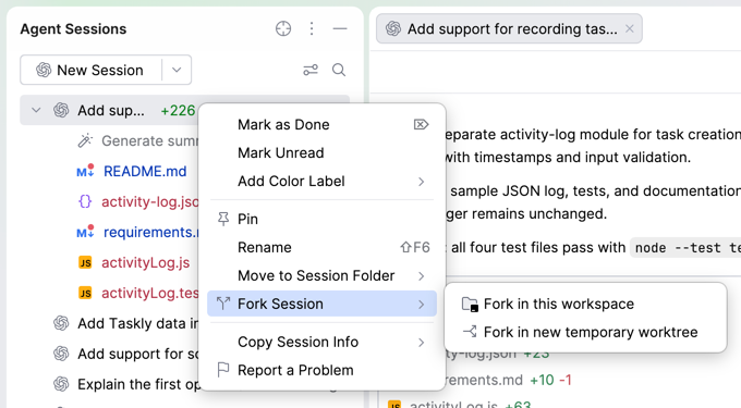 Session context menu in the Agent Sessions tool window with Fork Session expanded to Fork in this workspace and Fork in new temporary worktree.