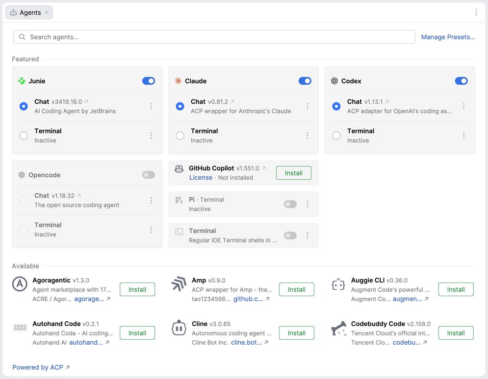 Agents page with agent cards in the Featured section offering Chat and Terminal options, and Install buttons in the Available section. Agents page with agent cards in the Featured section offering Chat and Terminal options, and Install buttons in the Available section.