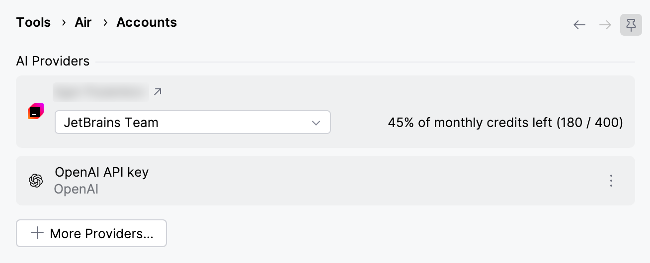 Tools | Air | Accounts settings with the JetBrains account entry, the list of organizations that supply credits, and the monthly credits left. Tools | Air | Accounts settings with the JetBrains account entry, the list of organizations that supply credits, and the monthly credits left.