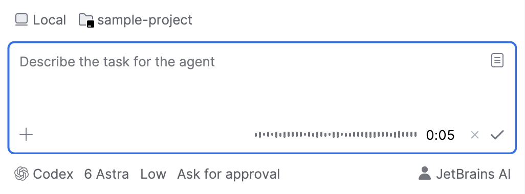 Agent Session View with the Start Voice Input button highlighted and the recording of a request. Agent Session View with the Start Voice Input button highlighted and the recording of a request.