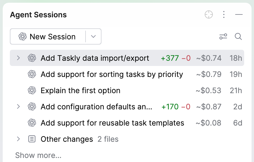 Agent Sessions list with an approximate cost value shown for each session next to its diff statistics and duration.