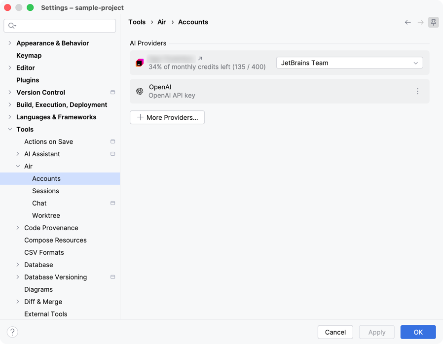 Tools | Air | Accounts settings with the AI Providers list, the source of the monthly credits, and the More Providers button. Tools | Air | Accounts settings with the AI Providers list, the source of the monthly credits, and the More Providers button.
