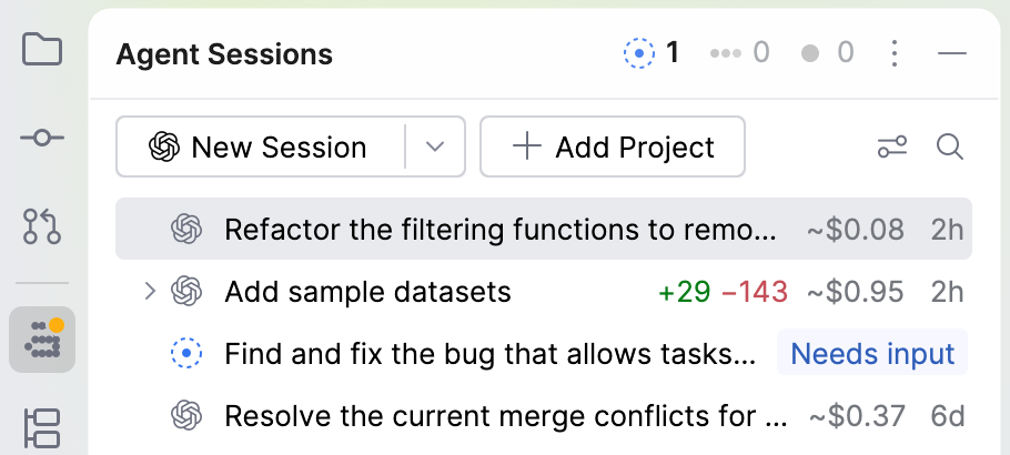 Agent Sessions tool window showing the New Session control at the top and a list of existing sessions below it.