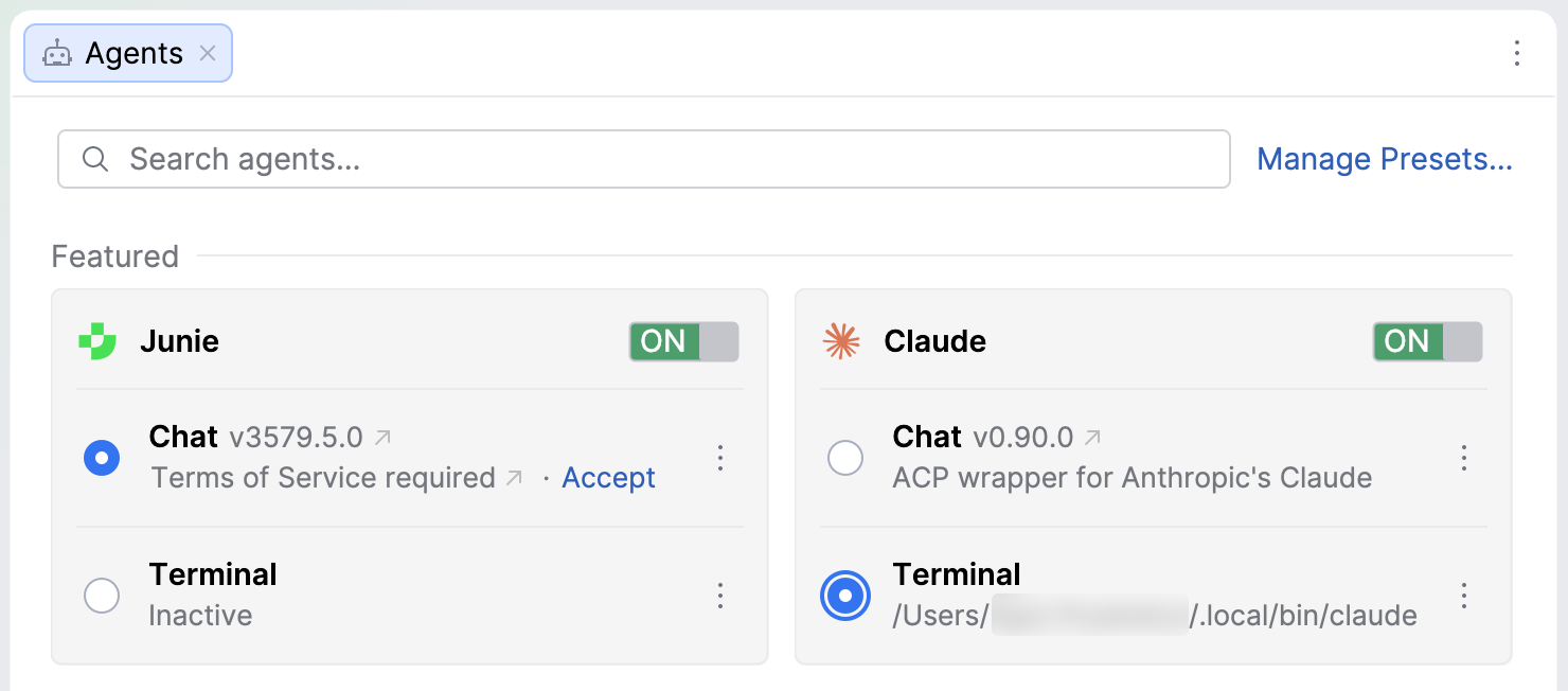 Agents page with Terminal selected on the Claude card, showing the path to the installed Claude Code binary instead of the chat option. Agents page with Terminal selected on the Claude card, showing the path to the installed Claude Code binary instead of the chat option.
