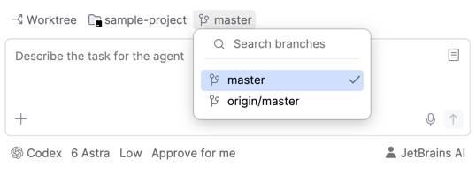 Toolbar in Temporary Worktree mode with the branch list open next to the project, listing local and remote branches to base the worktree on.