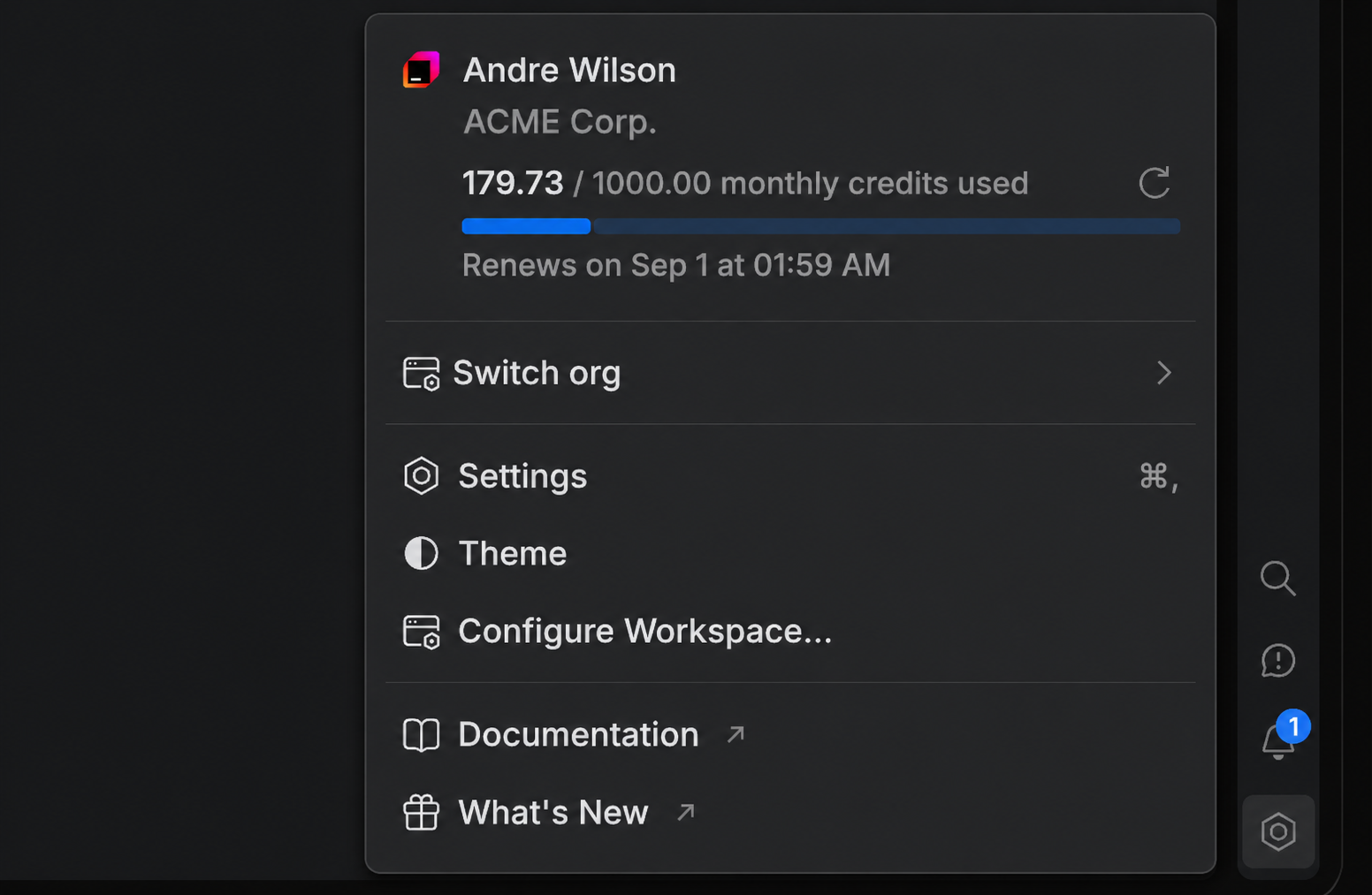 The account menu in the desktop app, showing monthly credits used, the usage bar, and the renewal date The account menu in the desktop app, showing monthly credits used, the usage bar, and the renewal date