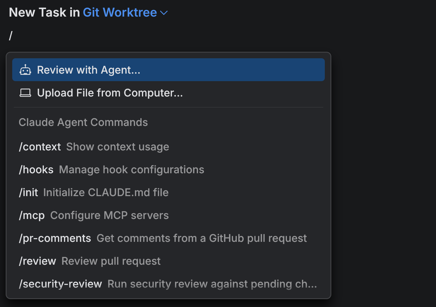 Commands in the slash menu