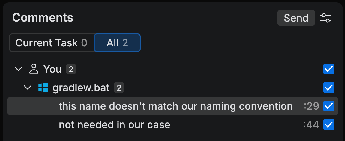 The Comments tool showing collected review comments and the Send button