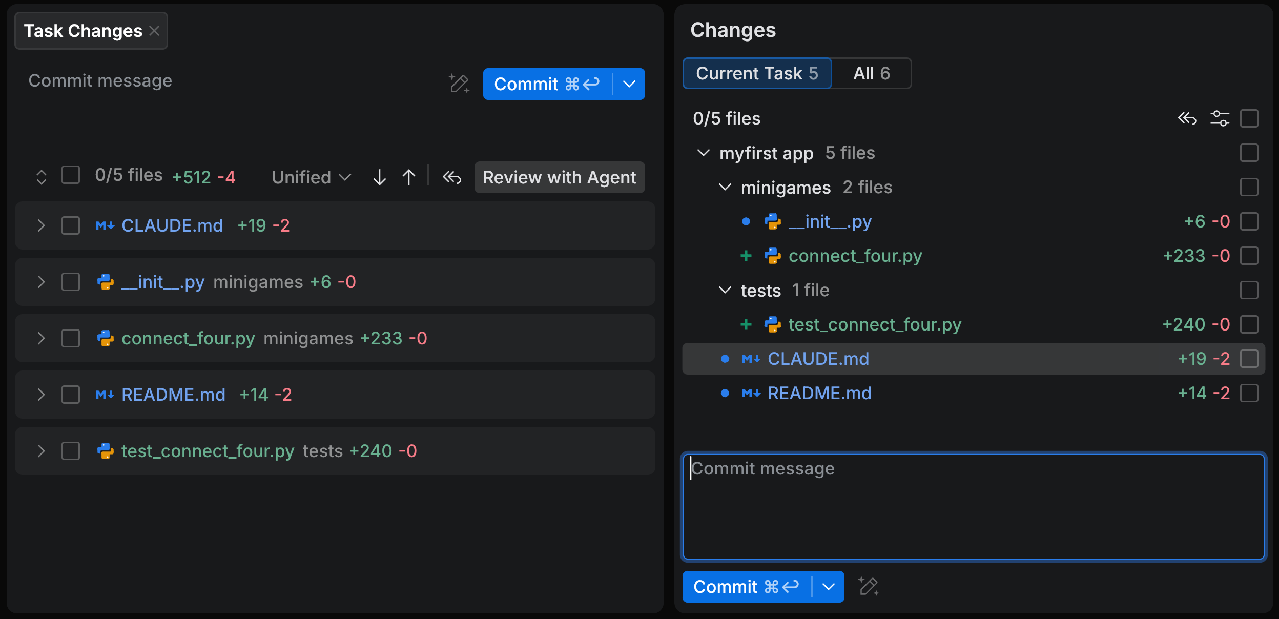 Review with agent in Task Changes tab
