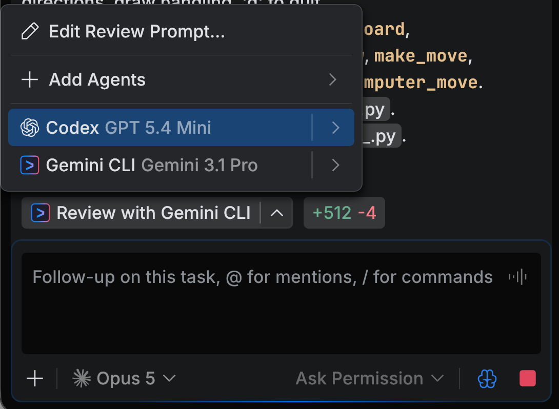 The review menu with the list of agents, their models, the Add Agents action, and the Edit Review Prompt action The review menu with the list of agents, their models, the Add Agents action, and the Edit Review Prompt action