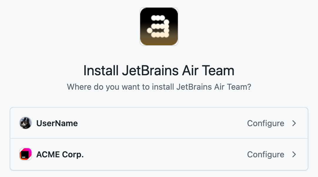 GitHub app installation flow started from JetBrains Air, where the user chooses a personal or organization account
