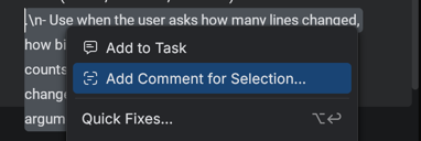 A selection in the editor with the Add to Task and Add Comment for Selection actions above it
