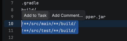 A selection in the editor with the Add to Task and Add Comment actions above it
