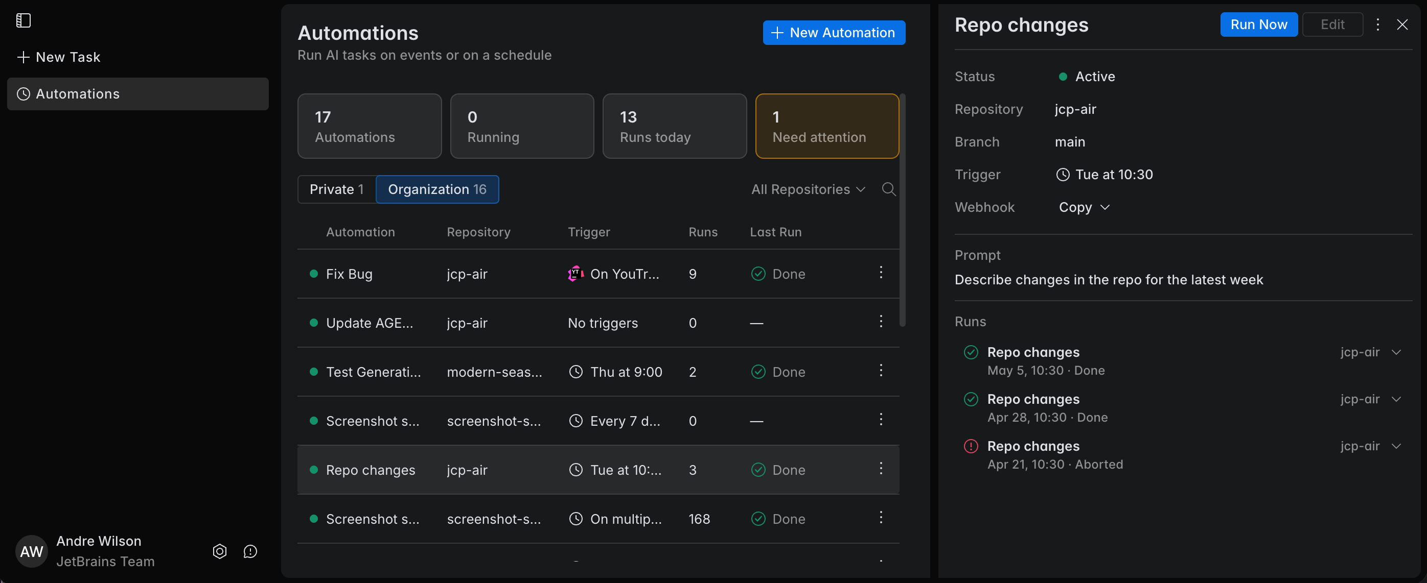 The Automations page with the automation list and the details panel