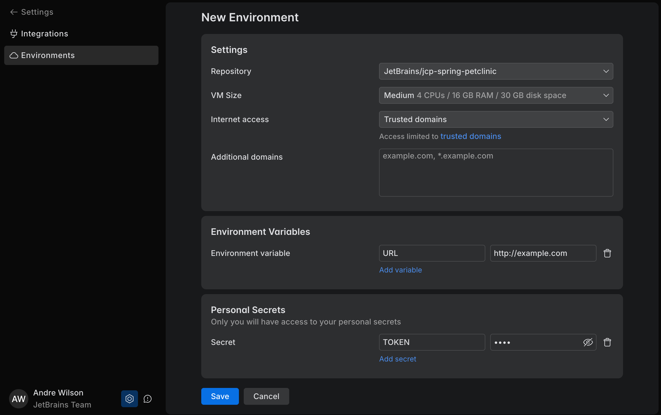 New environment configuration form