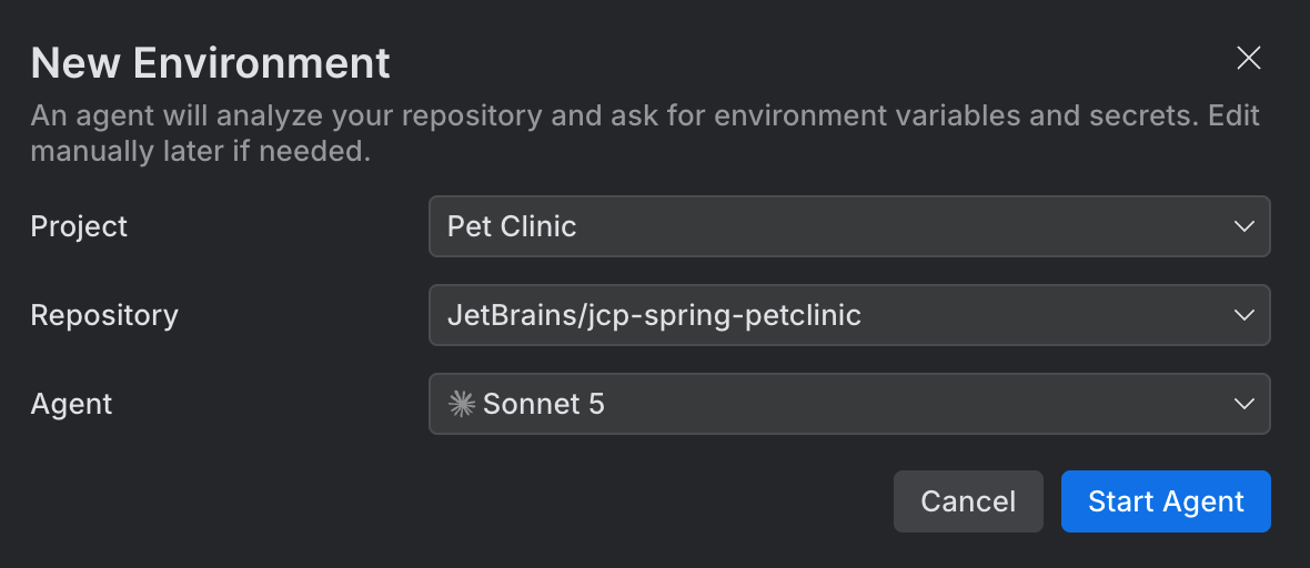 The New Environment dialog with the Project, Repository, and Agent selectors and the Start Agent button
