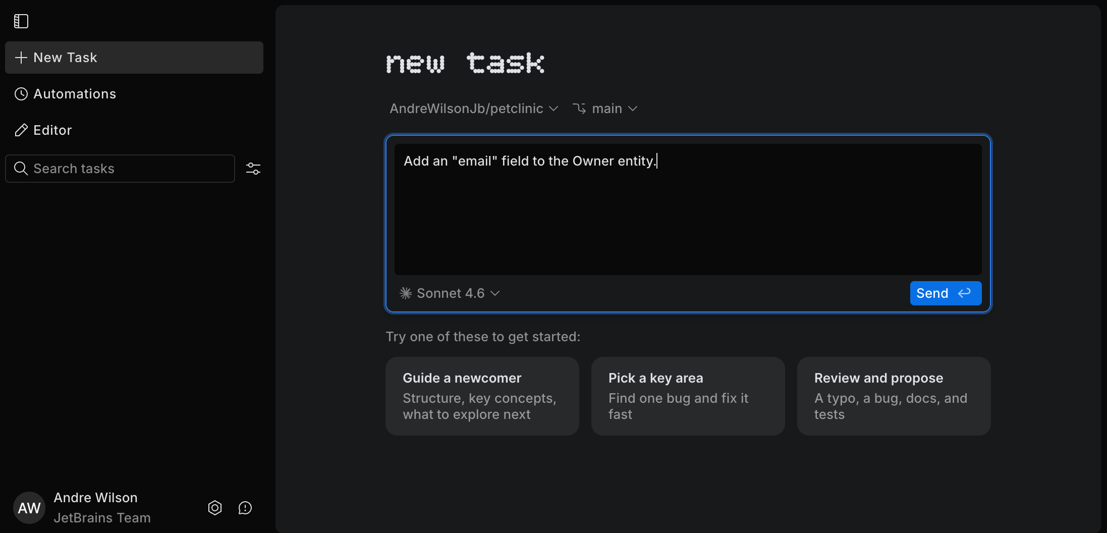 New task form in the web version of JetBrains Air