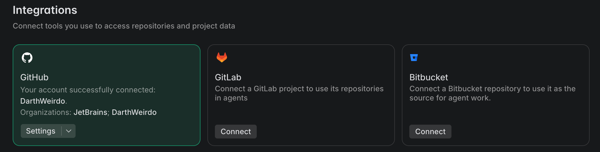 Integrations page showing a successfully connected VCS provider