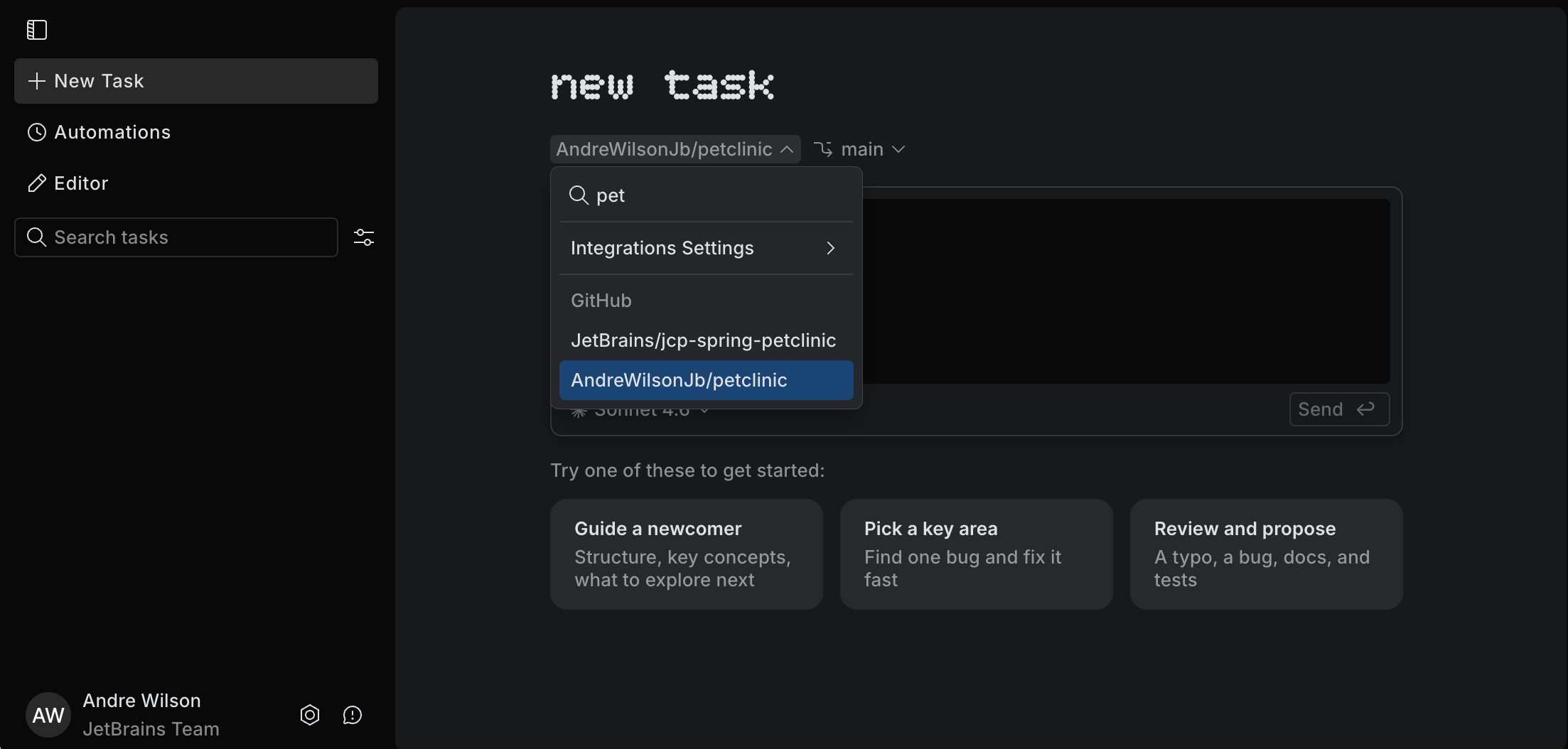 New task page in the web version of JetBrains Air with the repository selector
