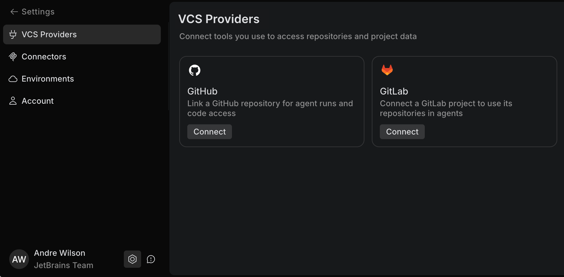 Settings page in the web version of JetBrains Air with the VCS Providers section open Settings page in the web version of JetBrains Air with the VCS Providers section open