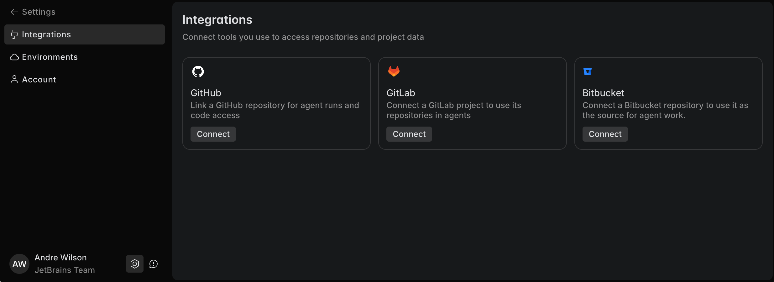 Settings page in the web version of JetBrains Air with the Integrations section open