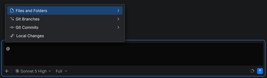 The task input in the browser with the @ menu open, listing Files and Folders, Git Branches, Git Commits, and Local Changes
