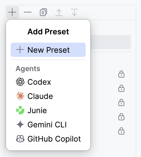 Add Preset popup with the New Preset item and the Agents section listing the installed agents.