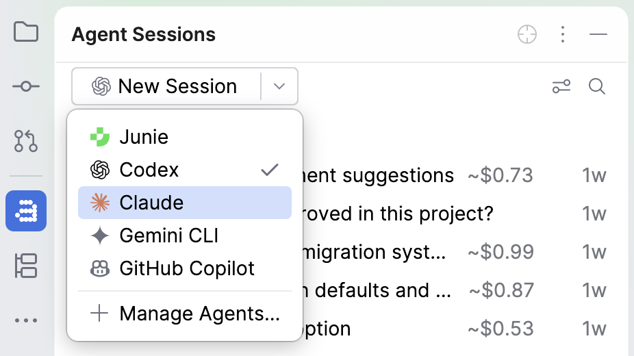 Agent Sessions tool window with the list next to New Session expanded, showing the available presets with the current one selected. Agent Sessions tool window with the list next to New Session expanded, showing the available presets with the current one selected.