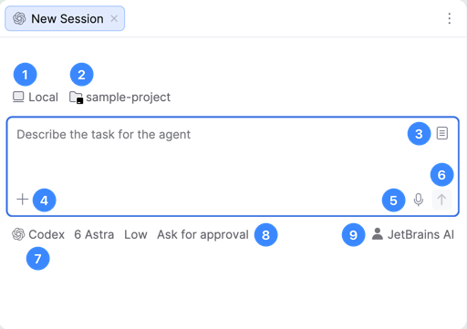 Agent Session View with numbered callouts for run mode, project, prompt library, context, voice input, send, agent preset, settings, and authorization. Agent Session View with numbered callouts for run mode, project, prompt library, context, voice input, send, agent preset, settings, and authorization.