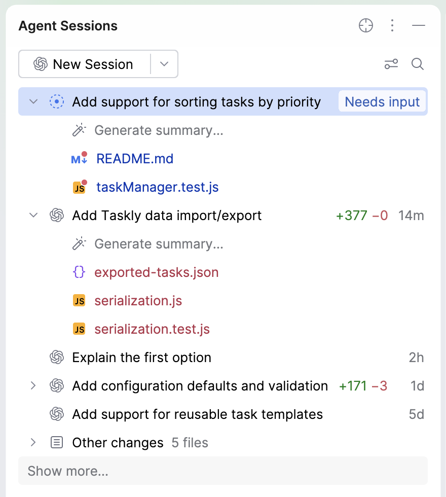 Agent Sessions tool window with sessions of the current project, their changed files, and two attached projects. Agent Sessions tool window with sessions of the current project, their changed files, and two attached projects.