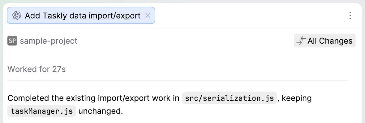 Session header with the project name and the All Changes button, which opens the diff of all files changed in the session.