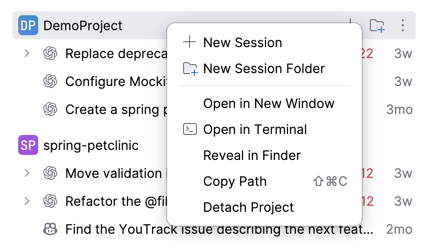Context menu of an attached project node in the Agent Sessions tool window, with actions from New Session to Detach Project. Context menu of an attached project node in the Agent Sessions tool window, with actions from New Session to Detach Project.