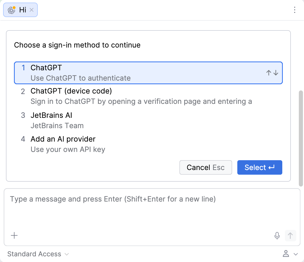 Agent session where the first message triggers the sign-in method list with the agent account, JetBrains AI workspaces, and Add an AI provider. Agent session where the first message triggers the sign-in method list with the agent account, JetBrains AI workspaces, and Add an AI provider.