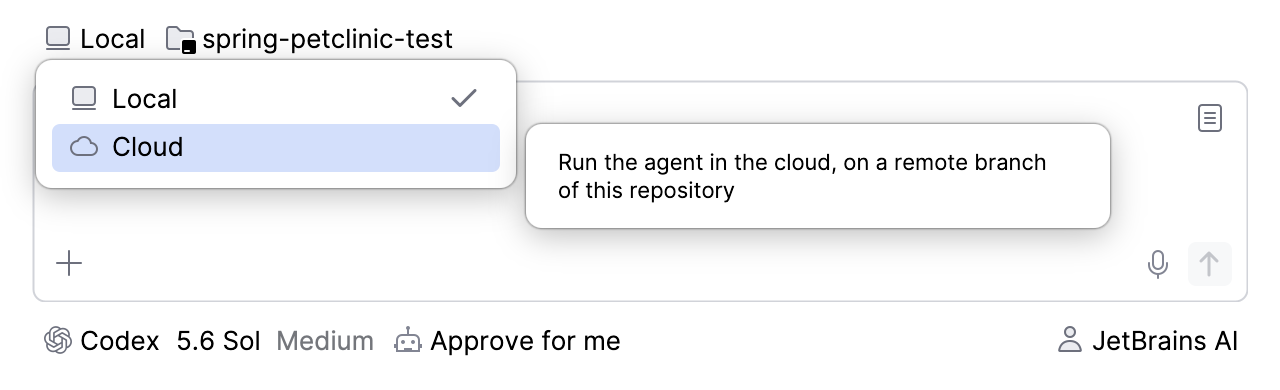 Top row of the text field with the run mode list open, showing the Local and Cloud modes next to the project, branch, and agent selectors. Top row of the text field with the run mode list open, showing the Local and Cloud modes next to the project, branch, and agent selectors.