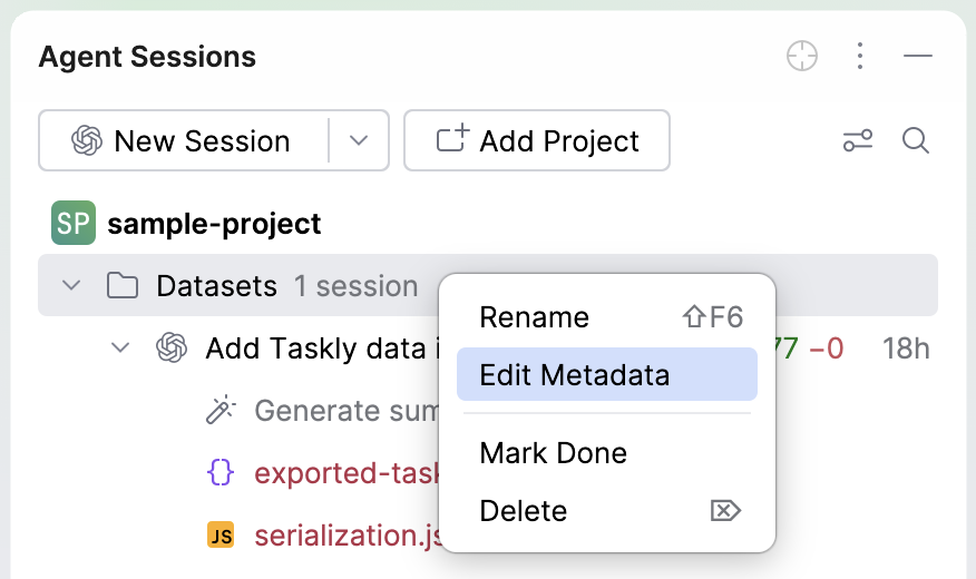 Right-click context menu of a session folder showing the Edit Metadata option highlighted above Mark Done and Delete. Right-click context menu of a session folder showing the Edit Metadata option highlighted above Mark Done and Delete.