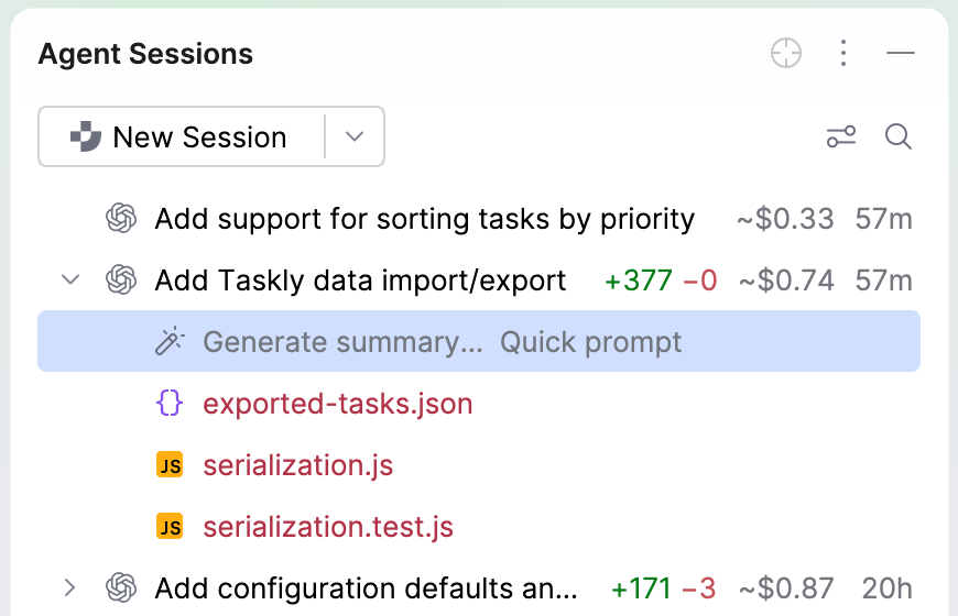 Expanded session in the Agent Sessions tool window with a Generate summary quick prompt listed above the three files that the agent changed.