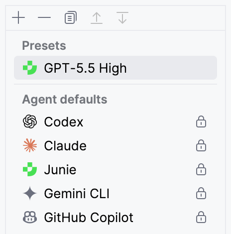 Preset list in the Manage Presets dialog with the add, remove, and copy buttons above the Presets and Agent defaults sections.