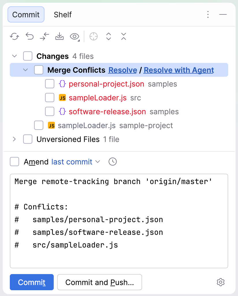 The Commit tool window showing a Merge Conflicts group with Resolve and Resolve with Agent links next to the conflicting files.